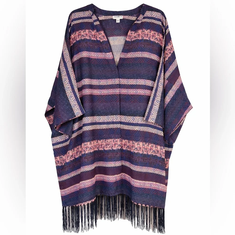 Swimsuits for All Navy and Pink Striped Fringe V-Neck‎ Coverup Lighweight